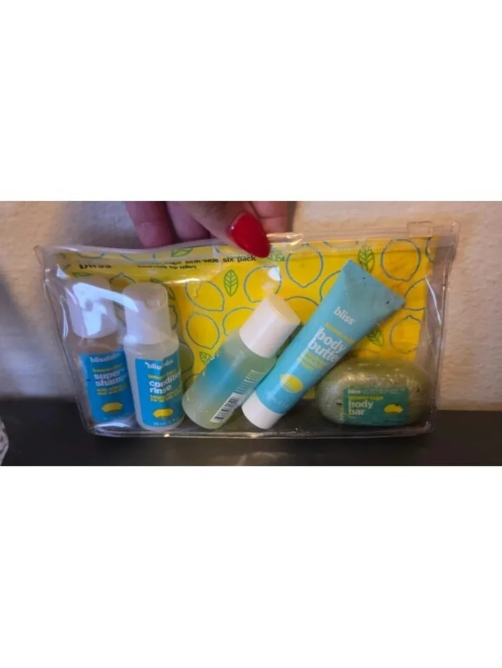 BLISS LEMON SAGE W HOTELS AMENITIES TRAVEL KIT LOT SET WITH CLEAR POUCH NEW